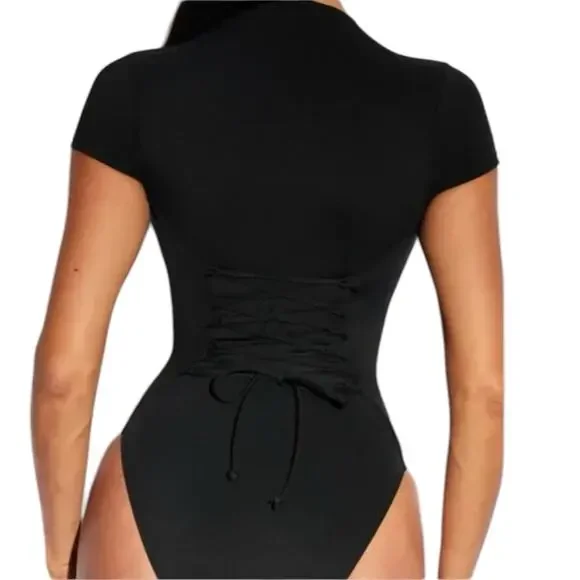 NWT TA3 Short Sleeve Surfy One Piece Corset Swimsuit Black Medium Short - Picture 3 of 11